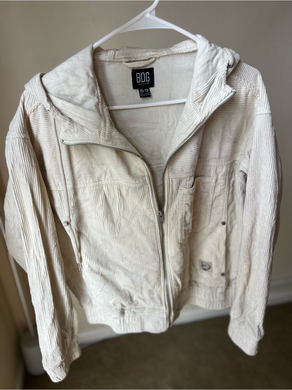 BDG Cream Corduroy Hooded Zip Jacket
